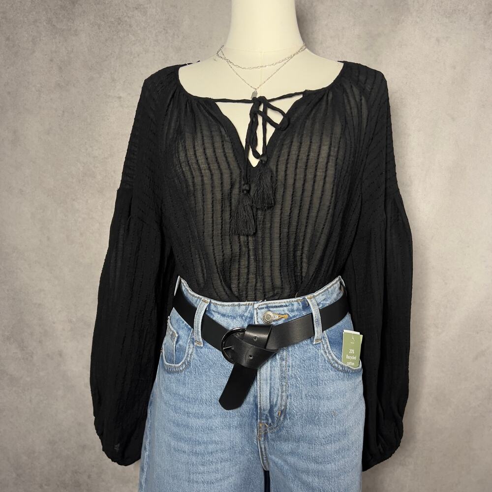 Black Split Neck Peasant Oversized Blouse Size Small